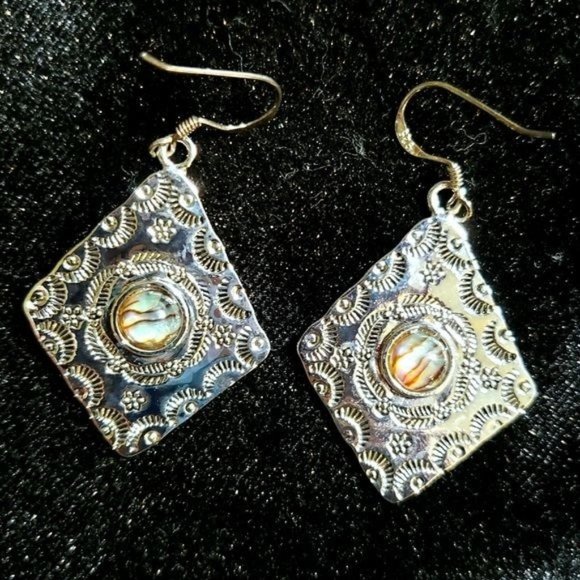 Katherine Winters Jewelry - Sterling Silver 925 Embossed Abalone Boho Etched French Wire Dangle Earrings